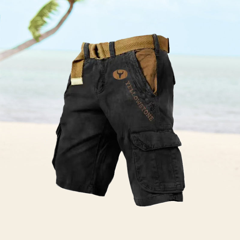 Men's cargo shorts with utility pockets, belt loops and knee length