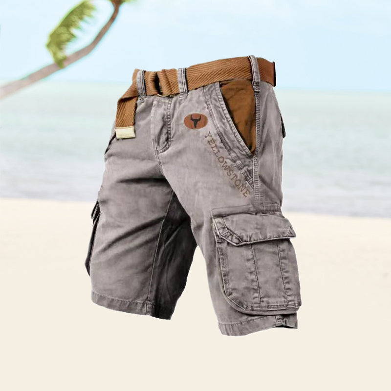 Men's cargo shorts with utility pockets, belt loops and knee length
