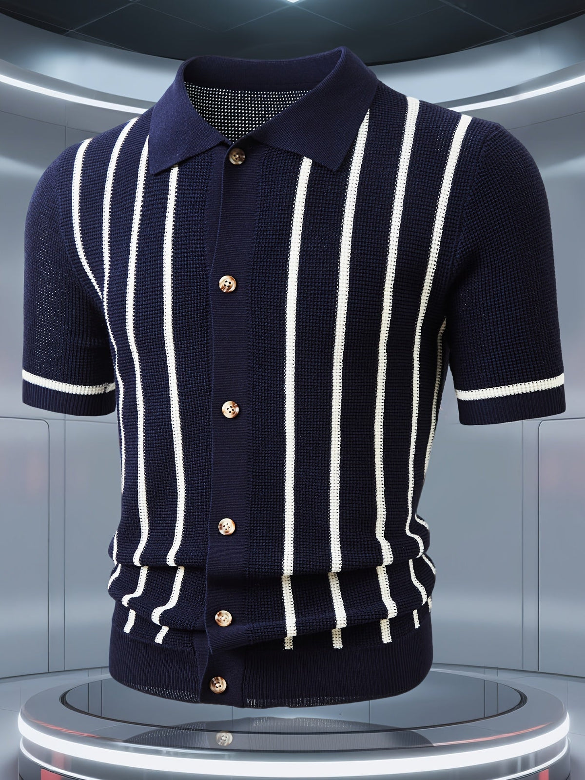 Men's striped knit polo shirt with pointed collar and short sleeves
