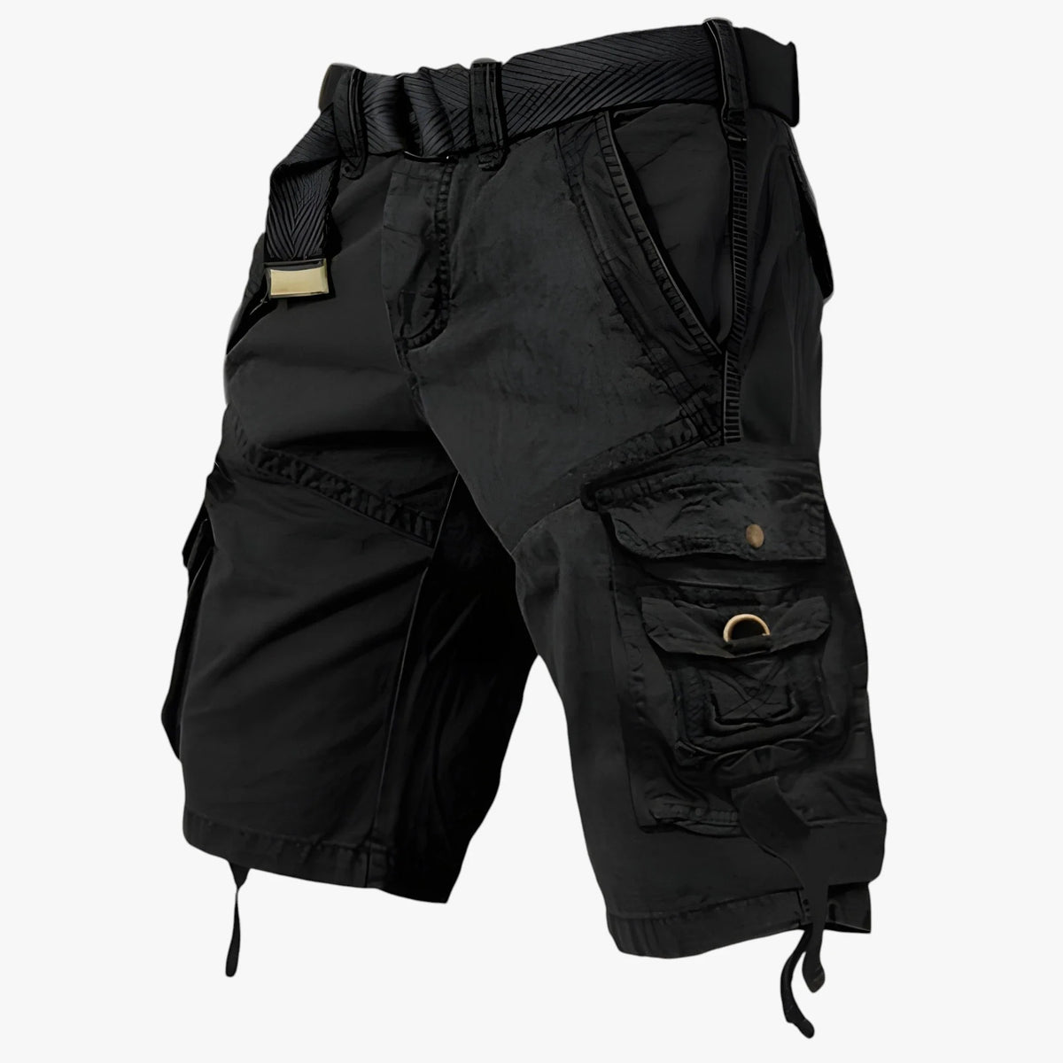 Men's long cargo shorts with belt and multiple utility pockets