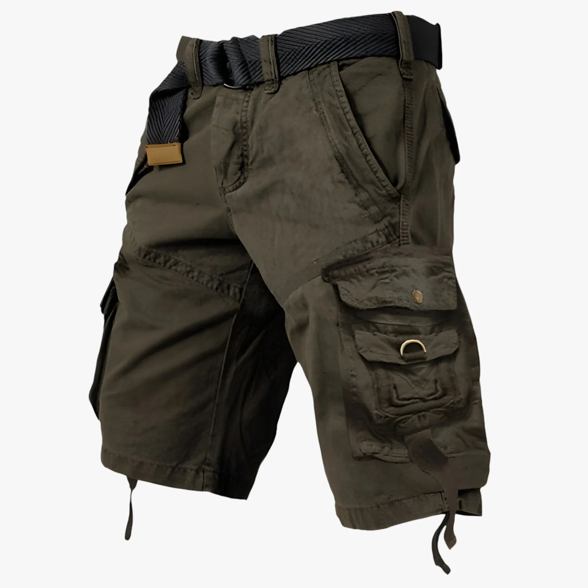 Men's long cargo shorts with belt and multiple utility pockets