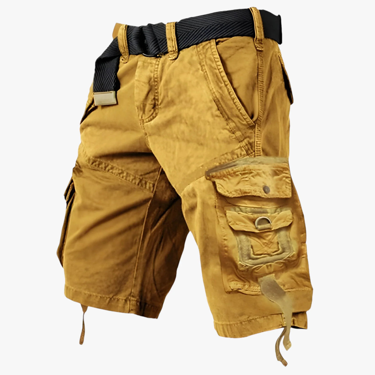 Men's long cargo shorts with belt and multiple utility pockets
