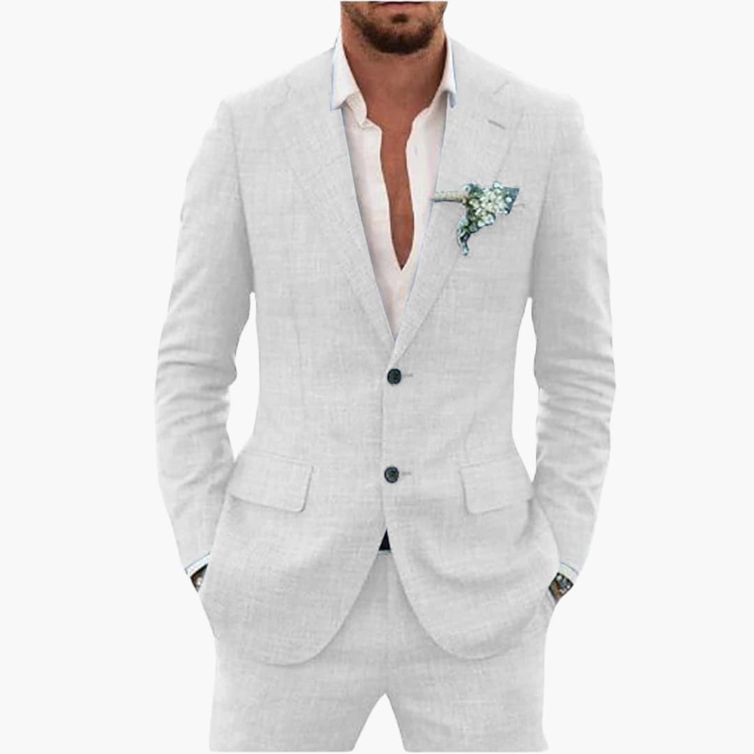 Men's two piece suit with button blazer and matching trousers