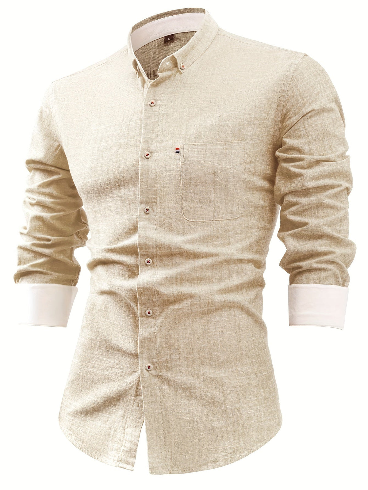 Men's long-sleeve pocket shirt with button-down collar and curved hem