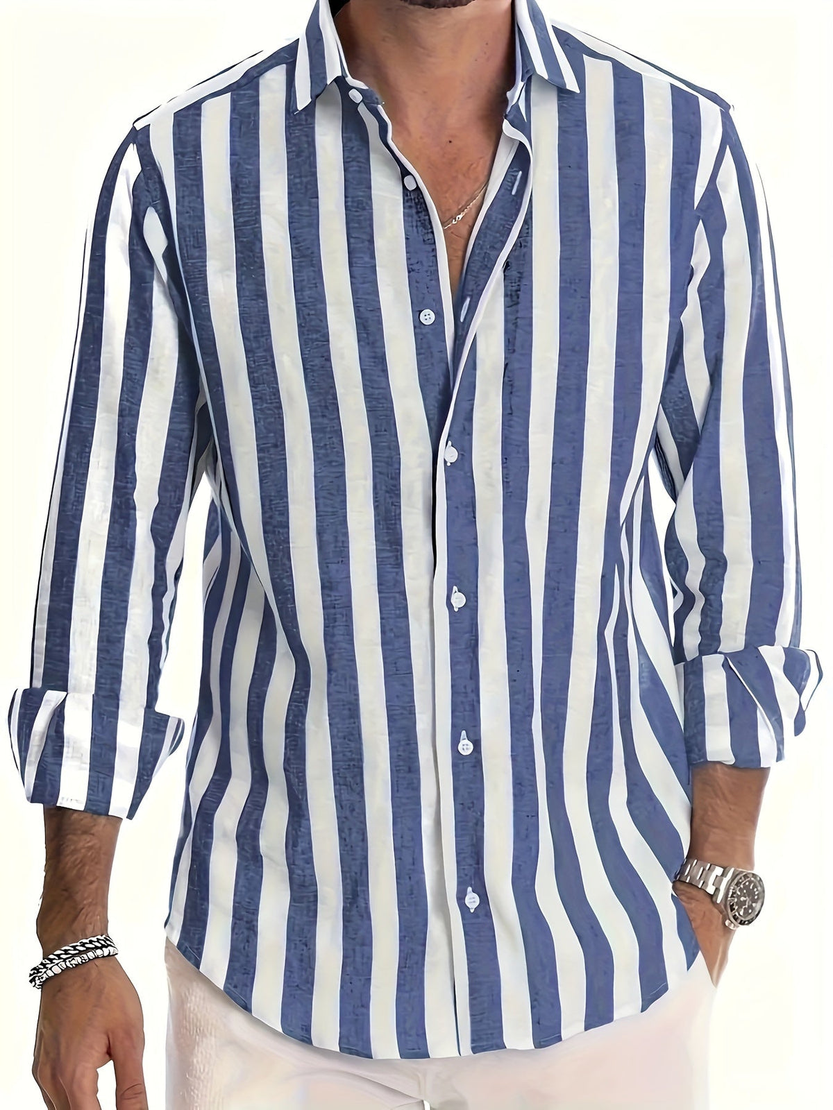 Men's striped collared shirt with long sleeves and button front