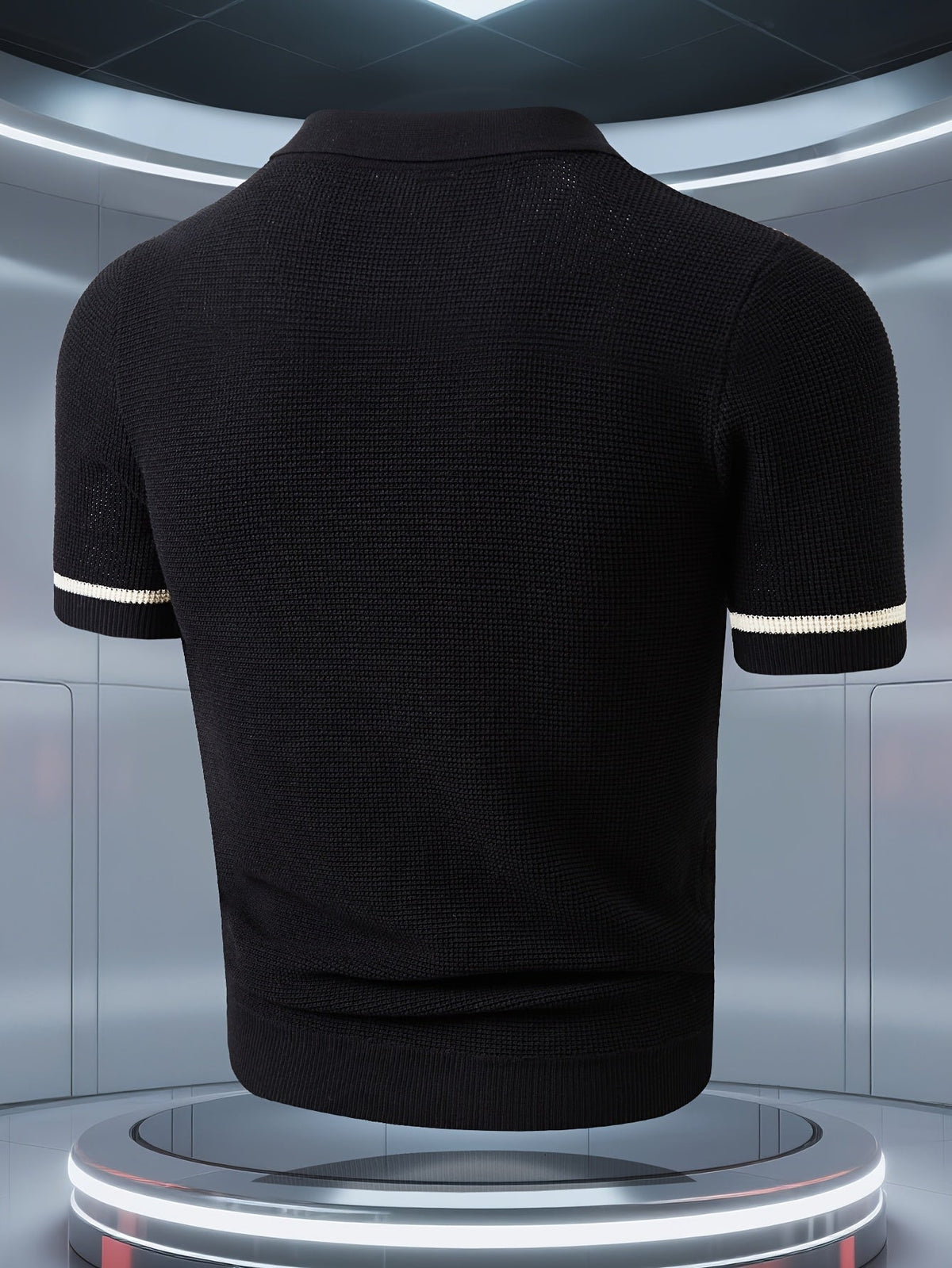 Men's striped knit polo shirt with pointed collar and short sleeves