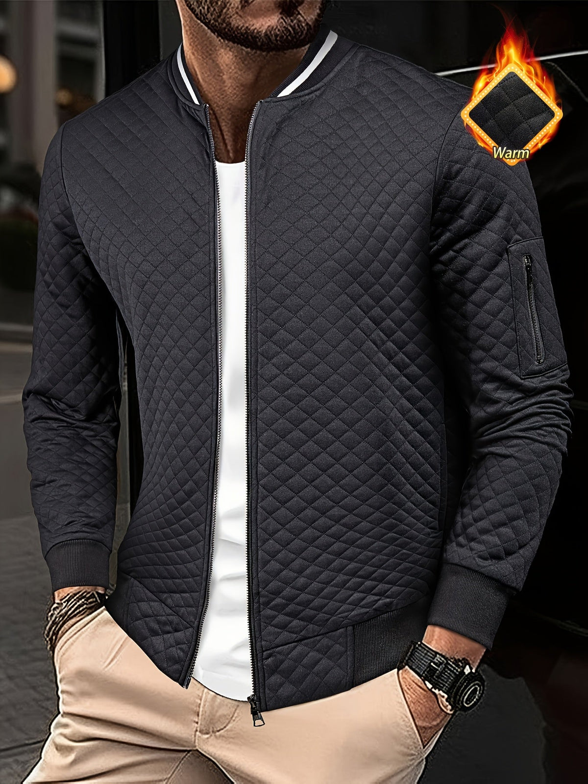 Men's diamond quilted bomber jacket with zip front and sleeve pocket