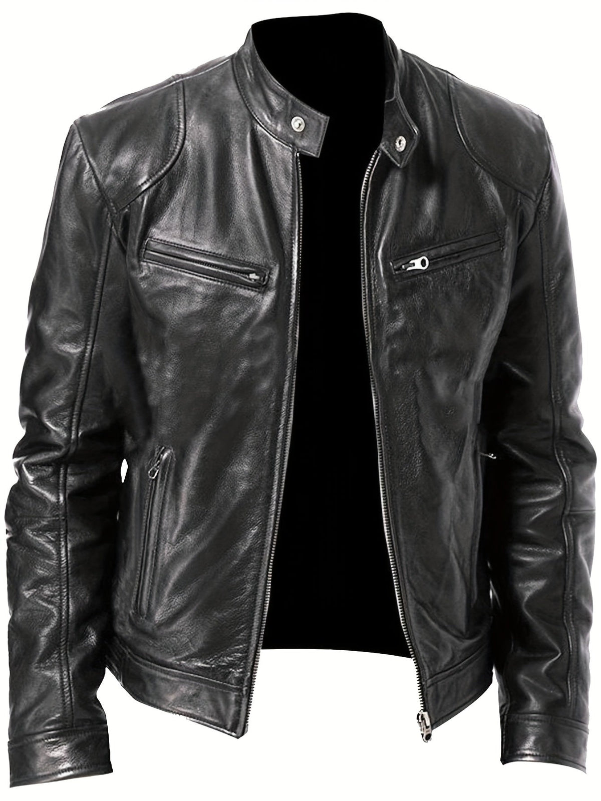 Men's motorcycle jacket with stand collar and zipped pockets