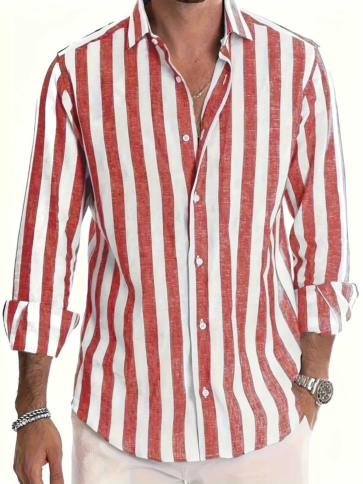 Men's striped collared shirt with long sleeves and button front