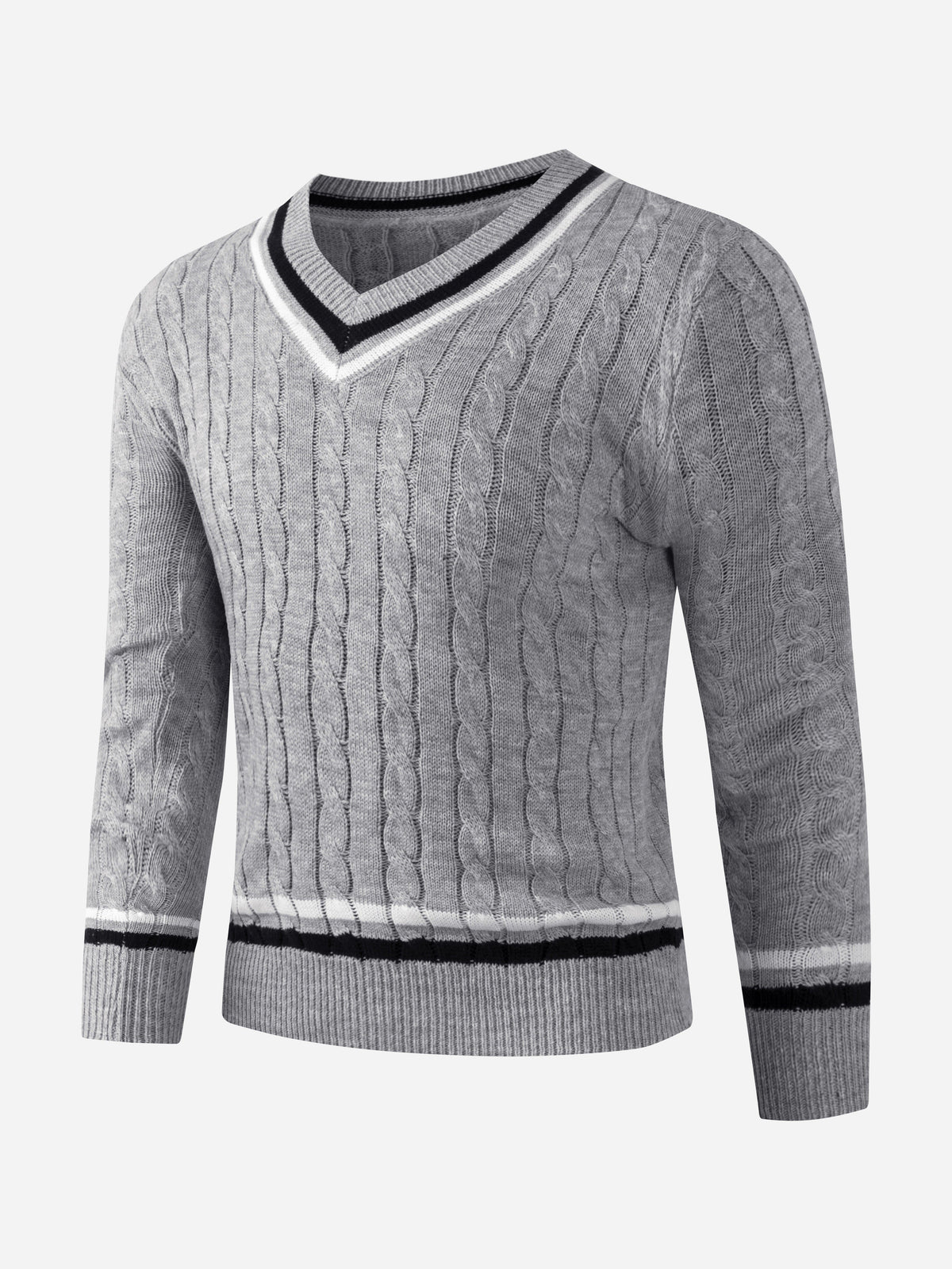 Men's cable knit V-neck sweater with striped trim