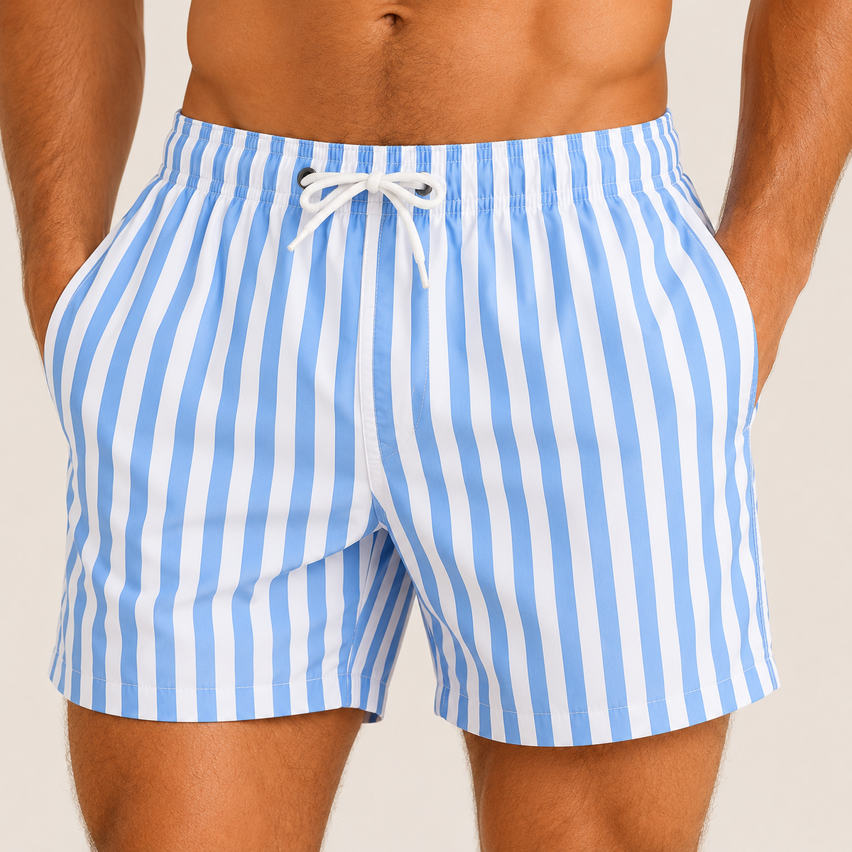 Men's blue and white striped swim shorts with drawstring waist