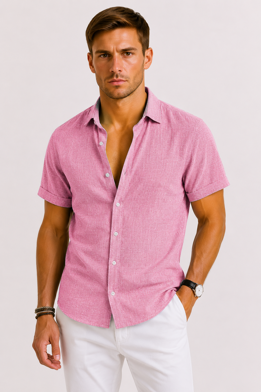 Men's textured short sleeve button-front shirt with collared neckline