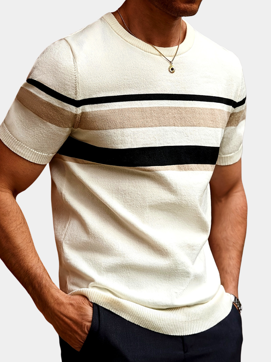 Men's cream knit T-shirt with black and beige horizontal stripes