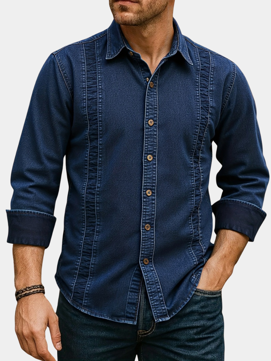 Men's long-sleeve denim shirt with spread collar and stitched panels