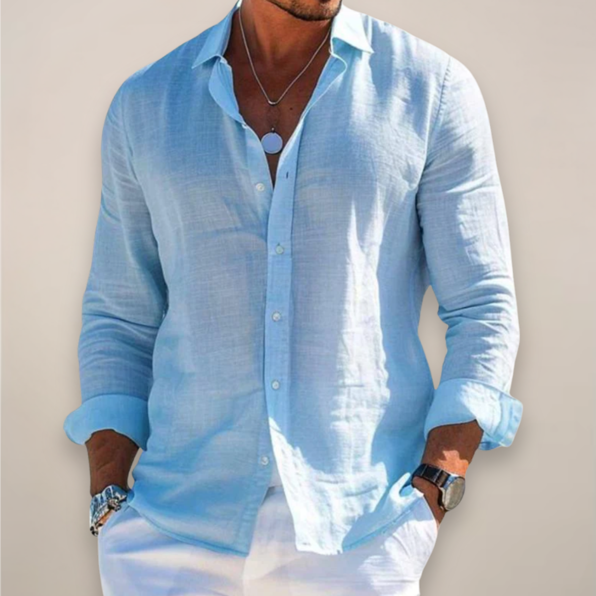 Men's long-sleeve button-front shirt with turn-down collar