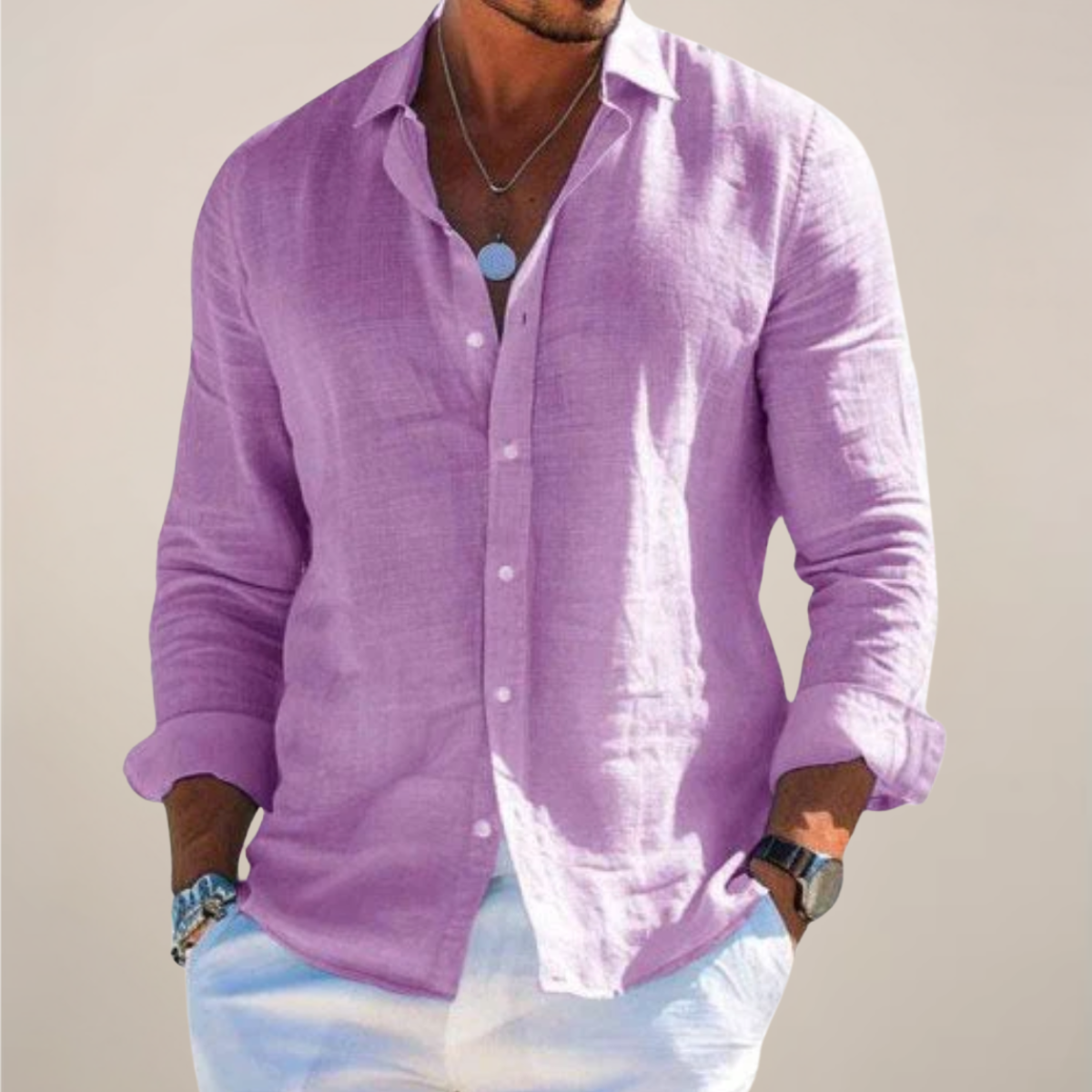 Men's long-sleeve button-front shirt with turn-down collar