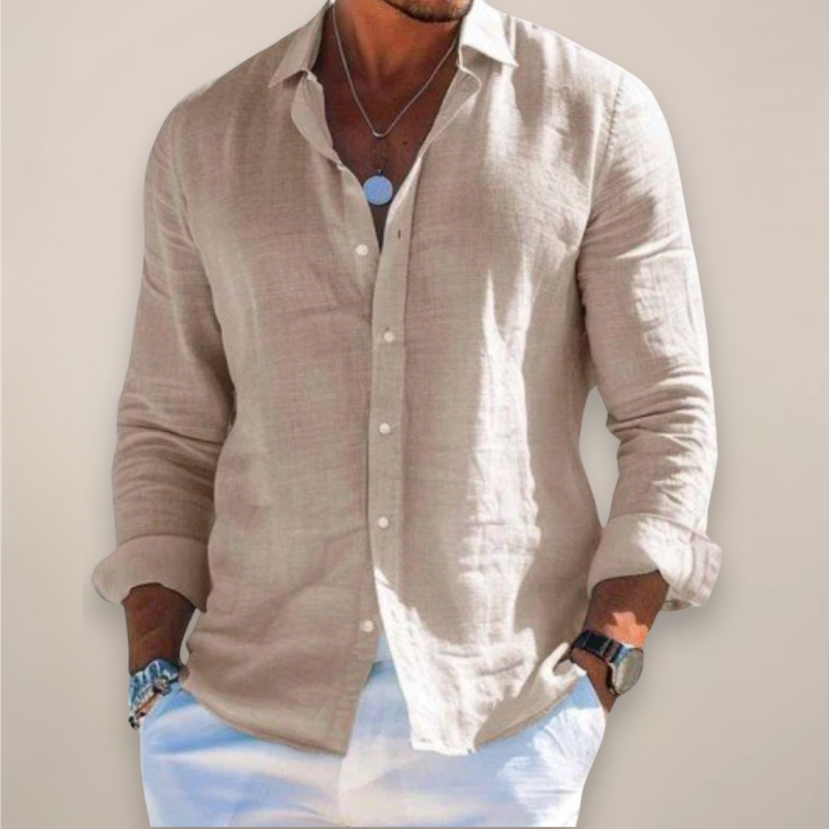 Men's long-sleeve button-front shirt with turn-down collar