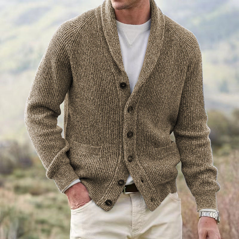 Men's textured knit cardigan with shawl collar and patch pockets