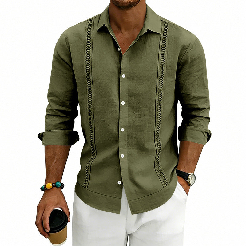 Men's long-sleeve denim shirt with spread collar and stitched panels