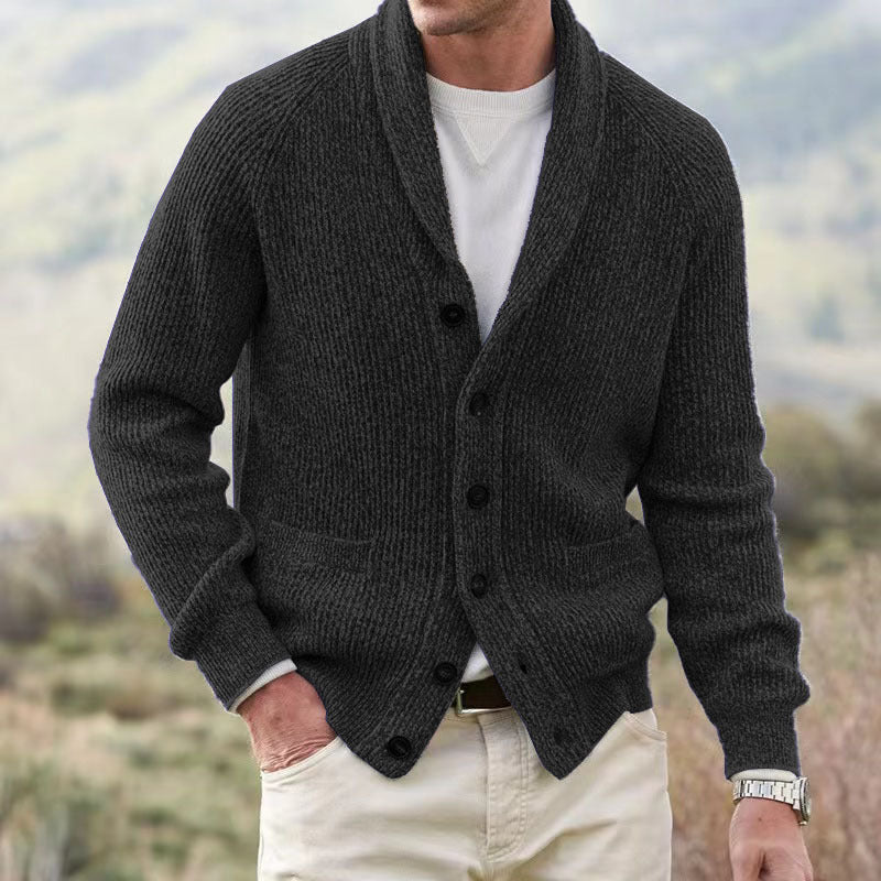 Men's textured knit cardigan with shawl collar and patch pockets