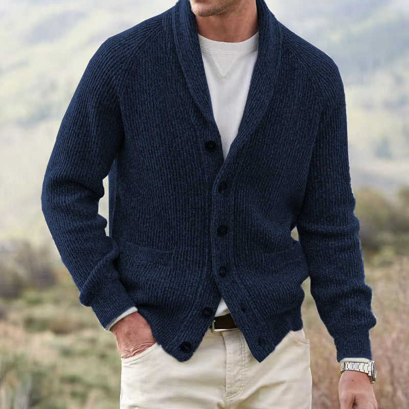 Men's textured knit cardigan with shawl collar and patch pockets