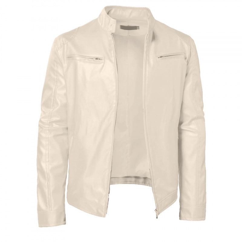 Men's motorcycle jacket with stand collar and zipped pockets