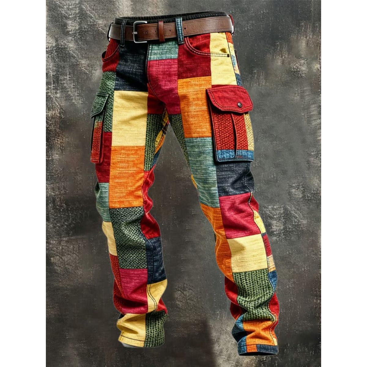 Men's multicoloured patchwork cargo trousers with utility pockets