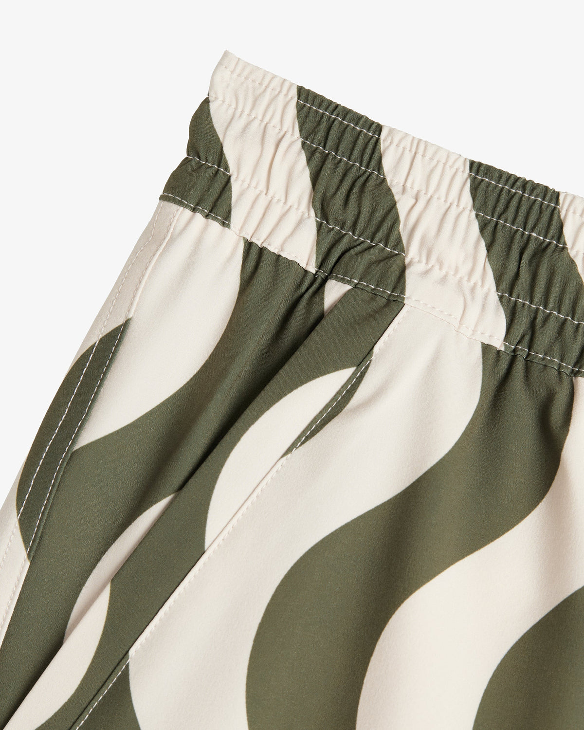 Olive and cream wavy stripe shorts with elastic drawstring waist