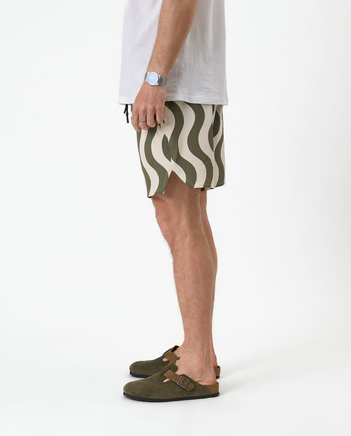 Olive and cream wavy stripe shorts with elastic drawstring waist