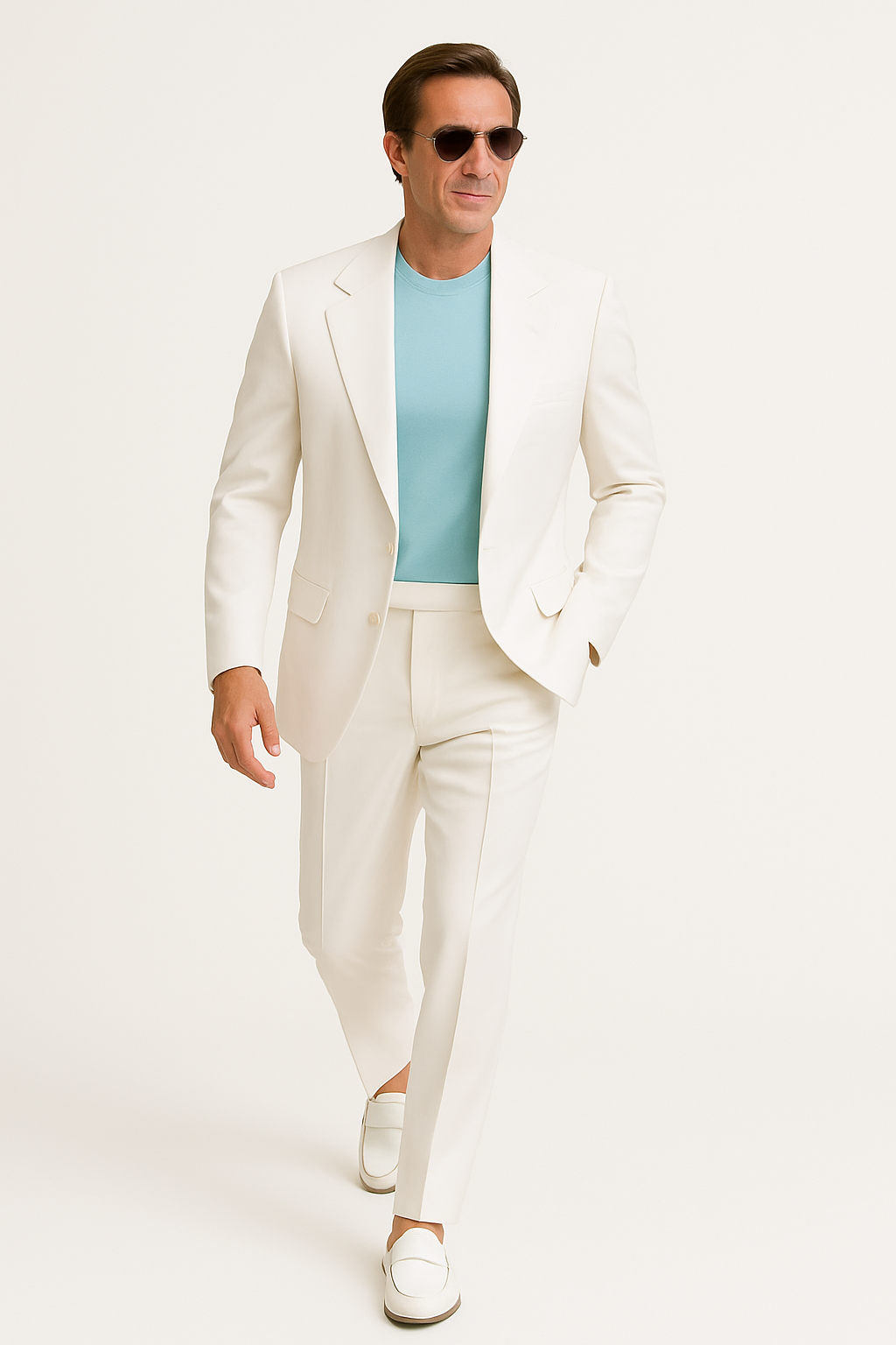 Men's white two-piece suit with notched lapel blazer and trousers