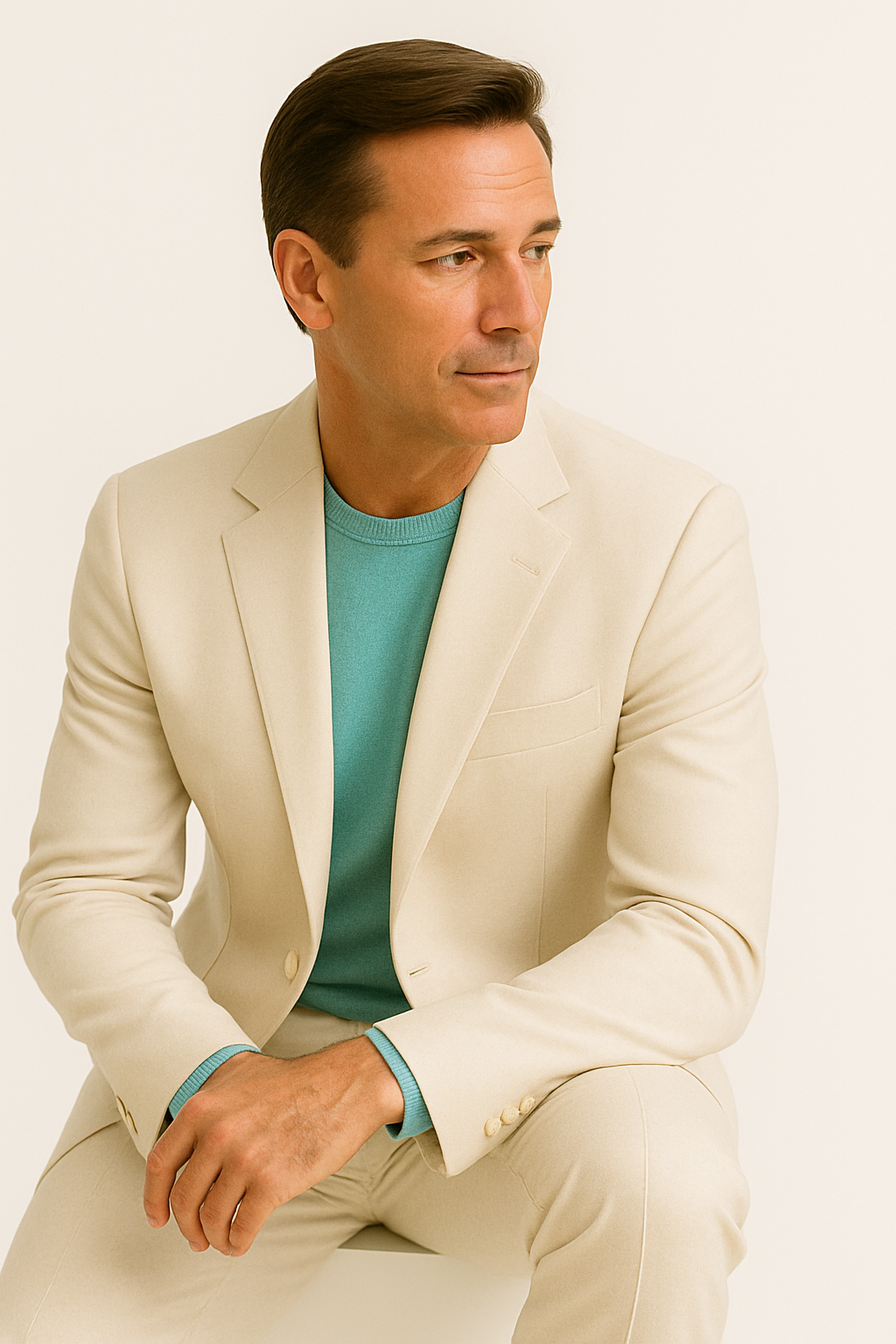 Men's white two-piece suit with notched lapel blazer and trousers