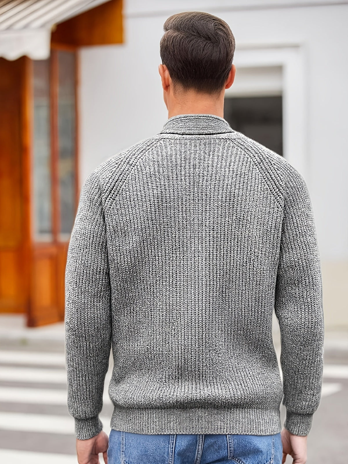 Men's textured knit cardigan with shawl collar and patch pockets