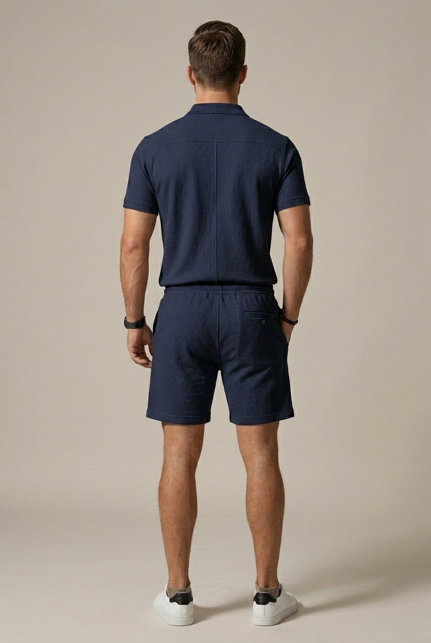 Men's textured polo shirt and drawstring shorts two-piece set