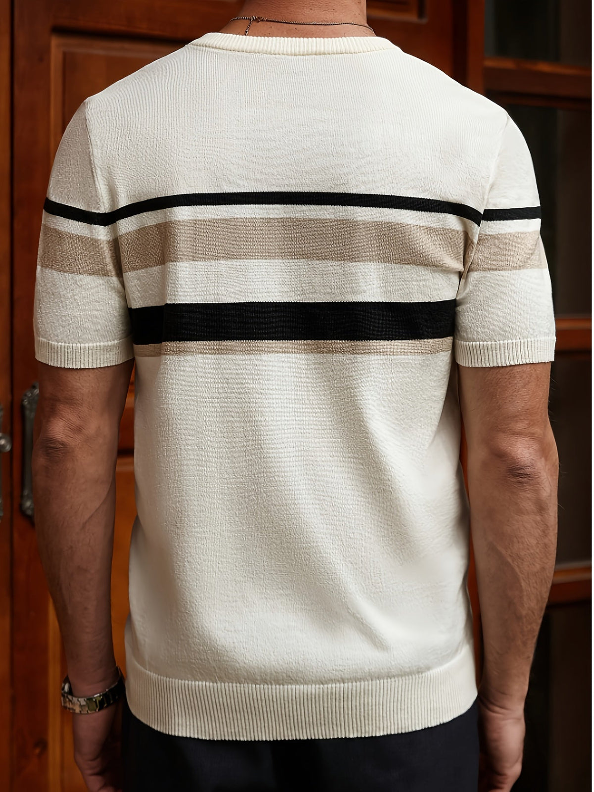 Men's cream knit T-shirt with black and beige horizontal stripes