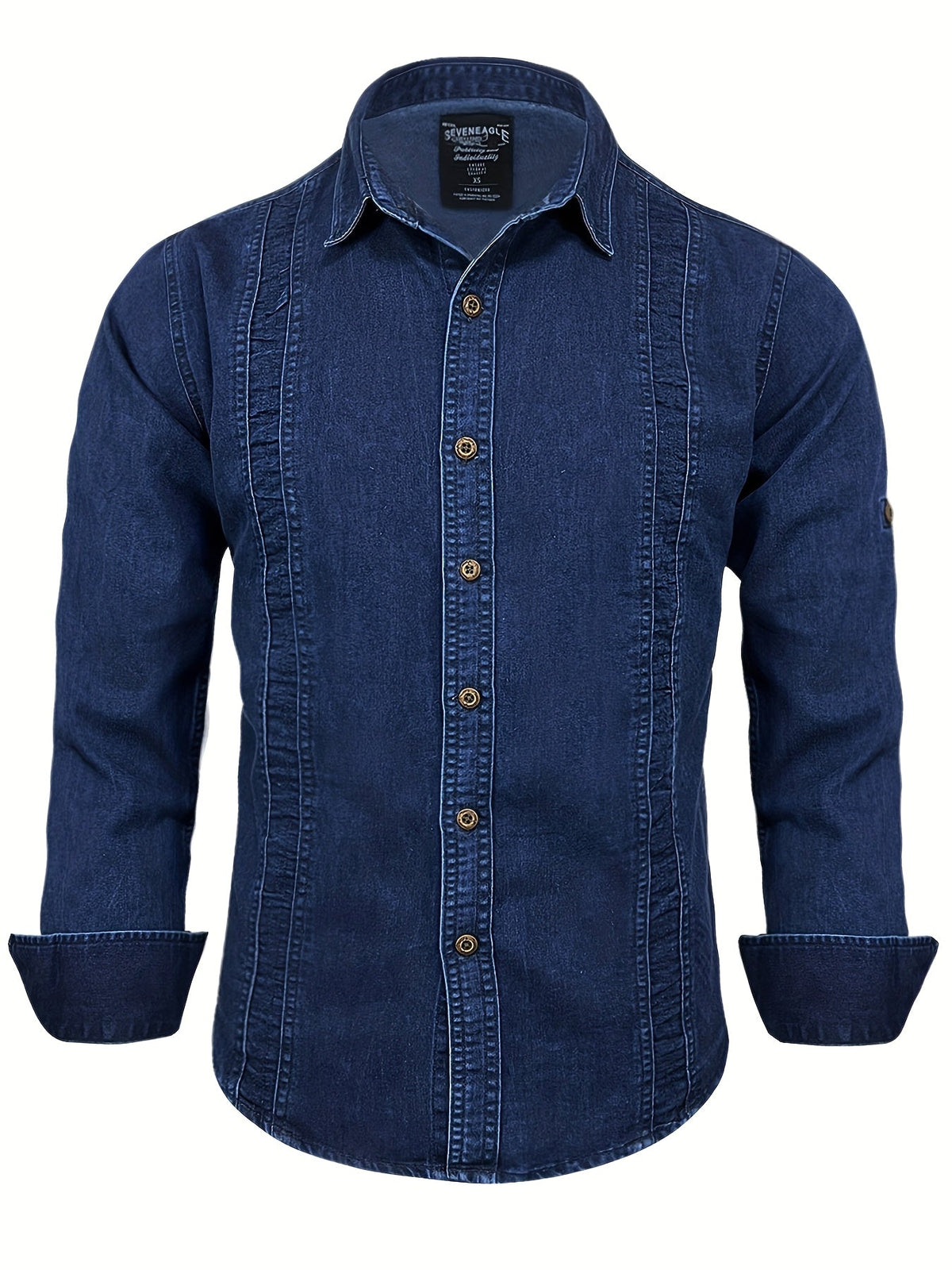 Men's long-sleeve denim shirt with spread collar and stitched panels