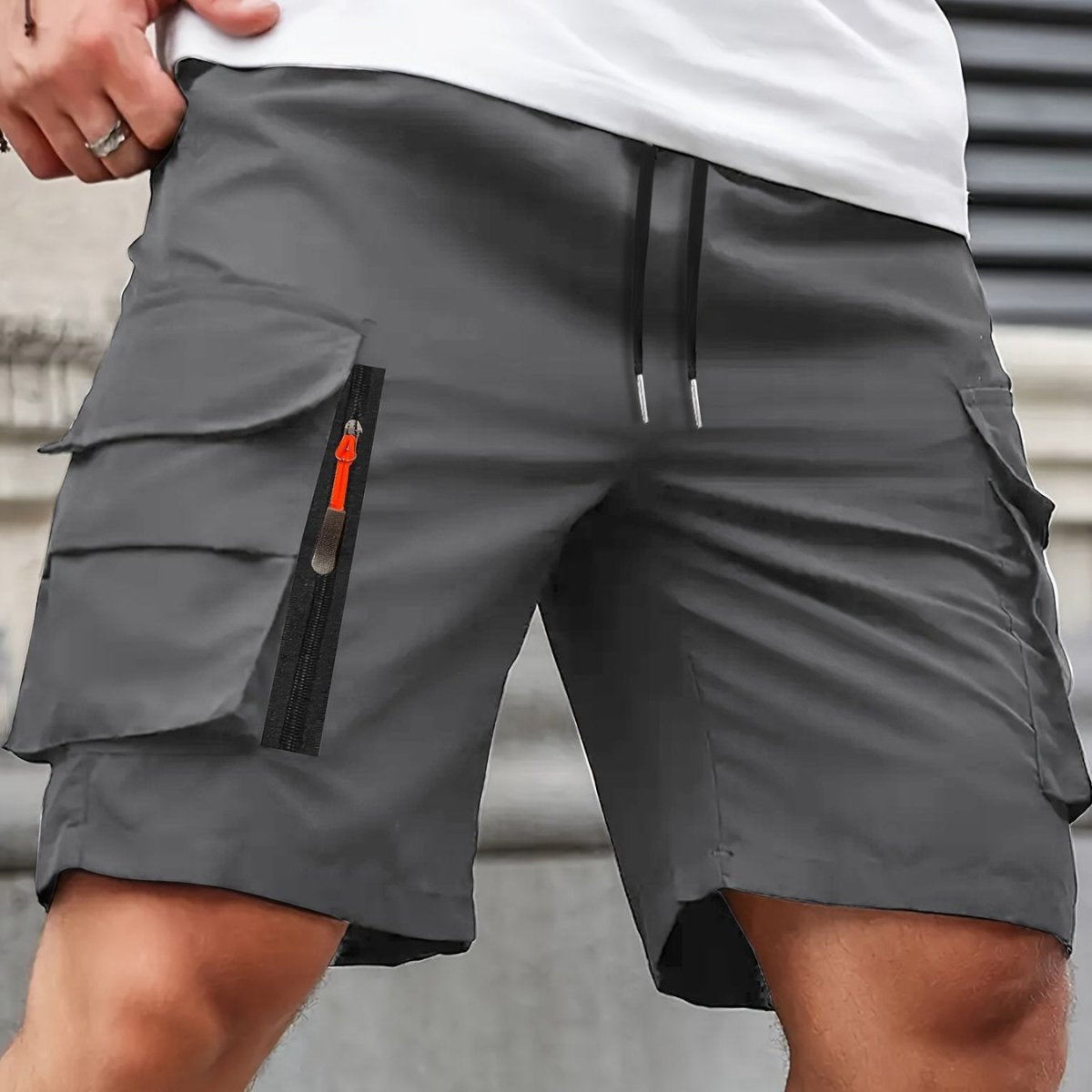 Men's cargo shorts with drawstring waist and multiple utility pockets