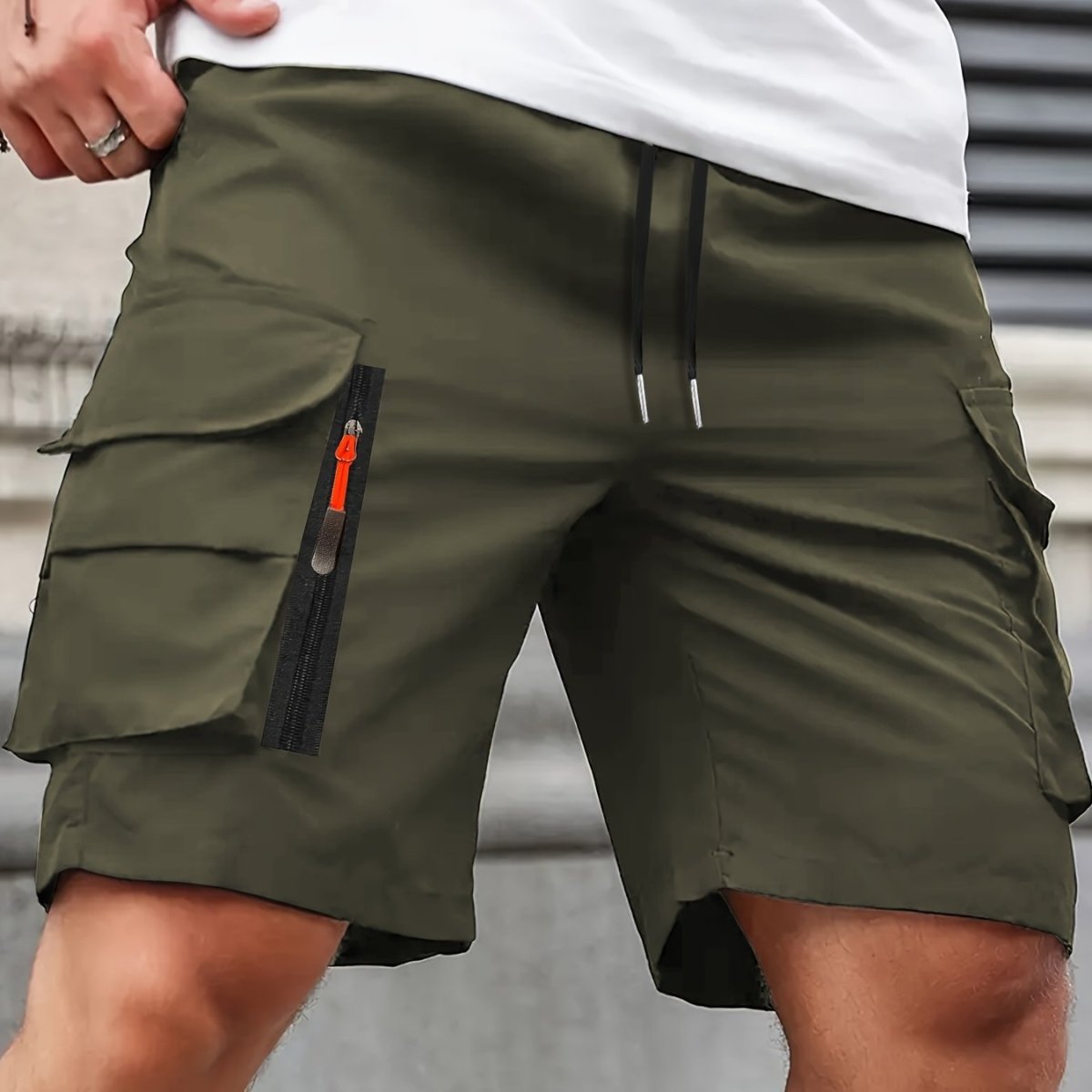 Men's cargo shorts with drawstring waist and multiple utility pockets