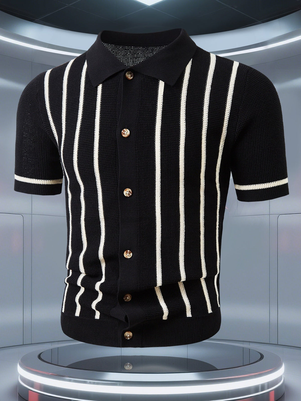 Men's striped knit polo shirt with pointed collar and short sleeves