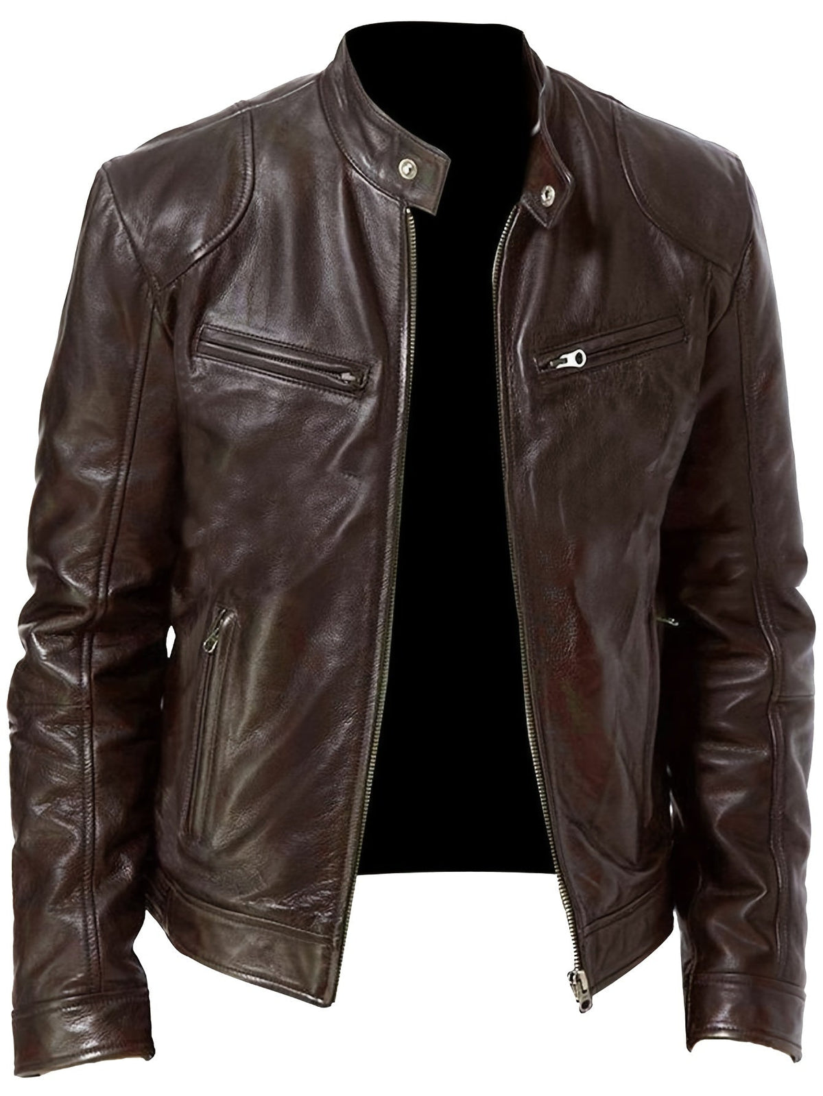 Men's motorcycle jacket with stand collar and zipped pockets