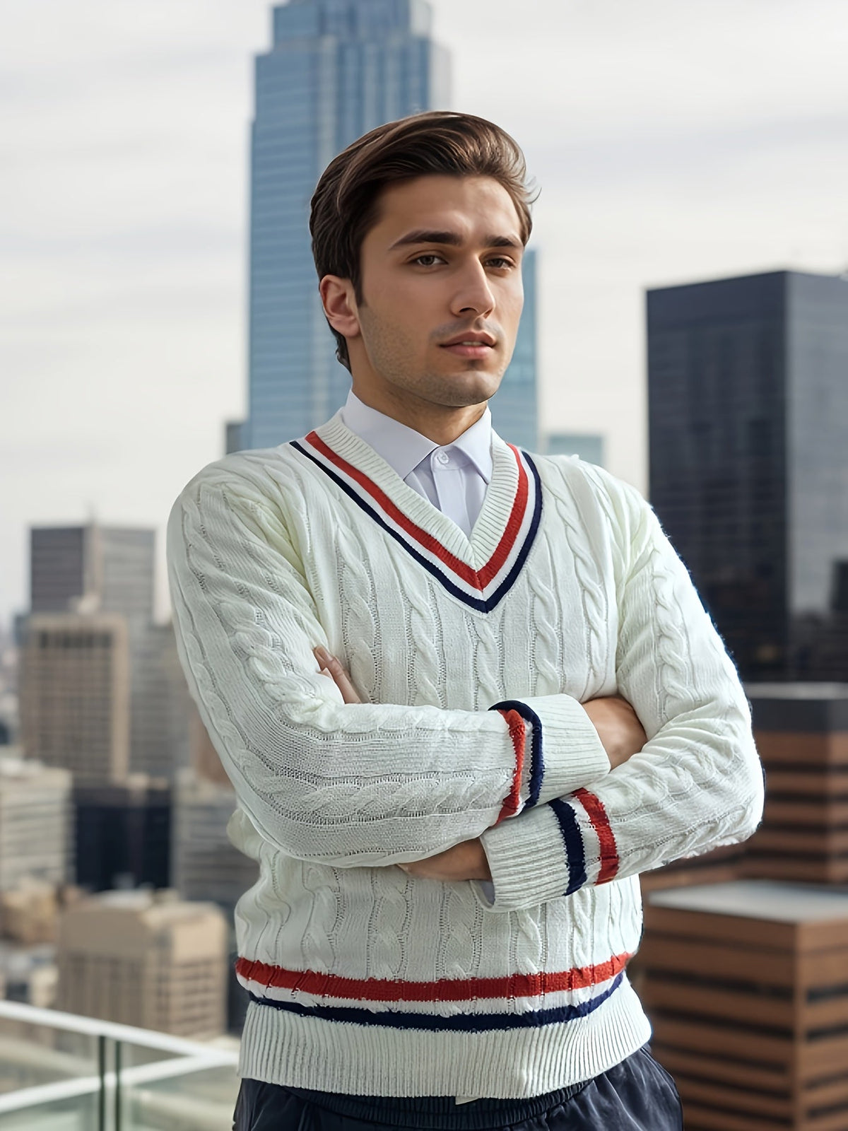 Men's cable knit V-neck sweater with striped trim