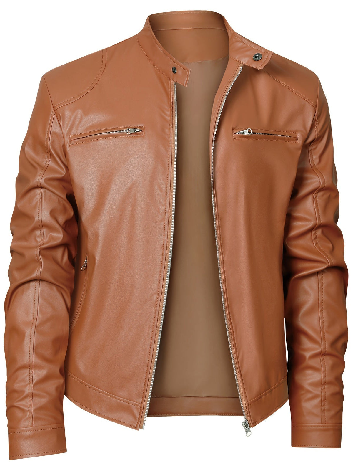 Men's motorcycle jacket with stand collar and zipped pockets