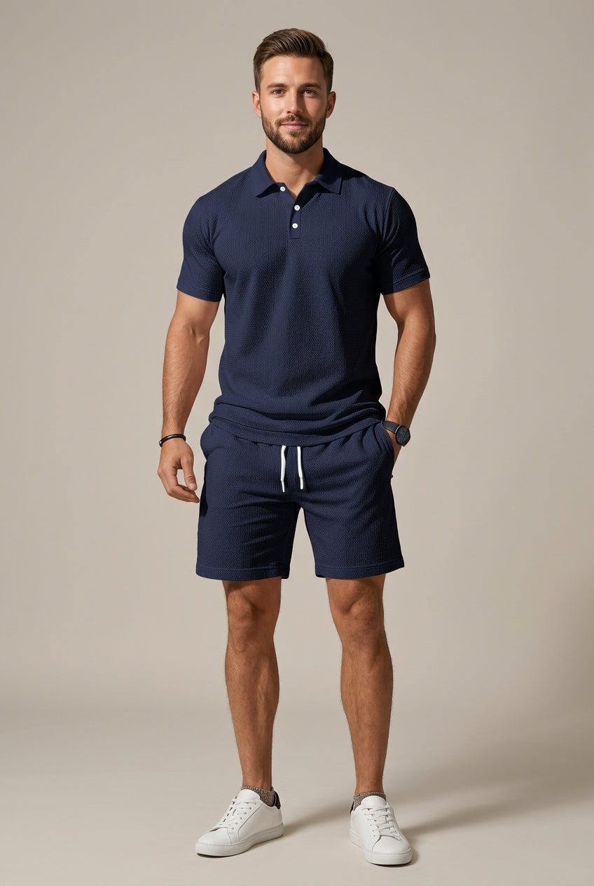 Men's textured polo shirt and drawstring shorts two-piece set