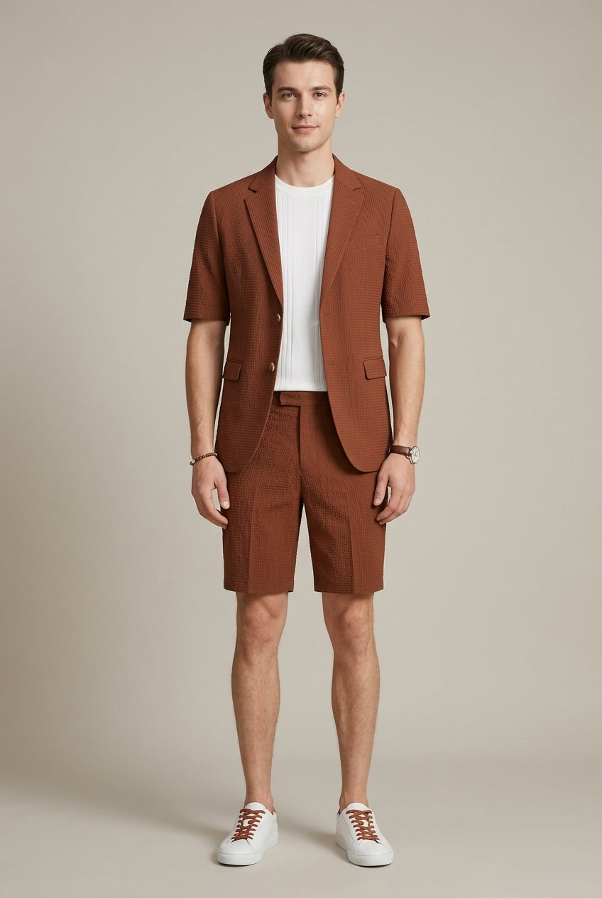 Men's short sleeve lapel blazer and matching shorts suit set