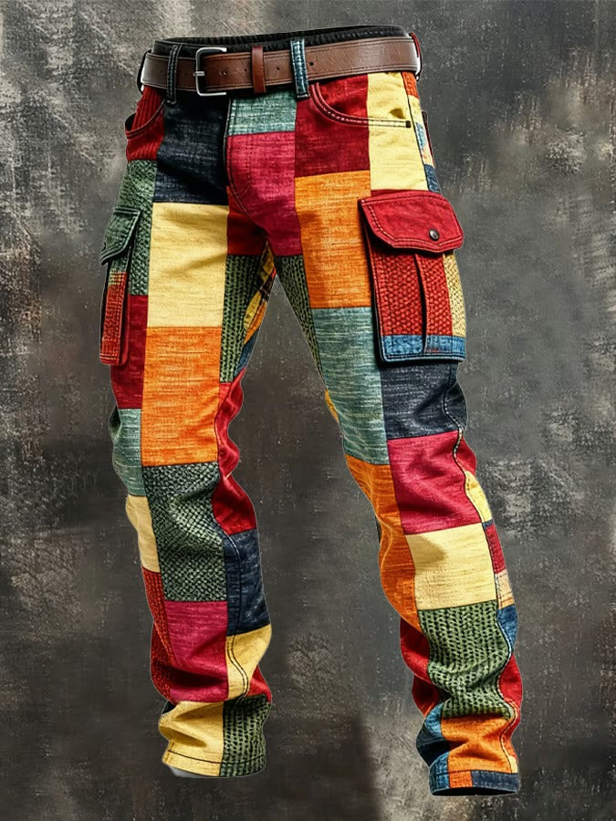 Men's patchwork camouflage cargo trousers with multiple pockets