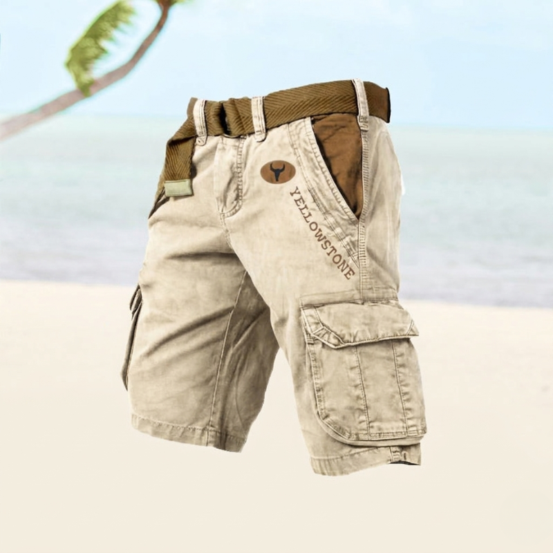 Men's cargo shorts with utility pockets, belt loops and knee length