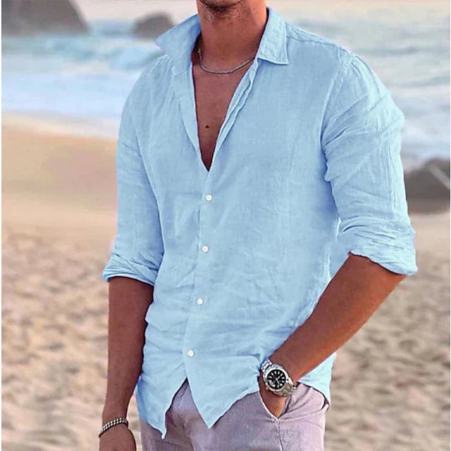Men's open collar button down shirt with rolled sleeves