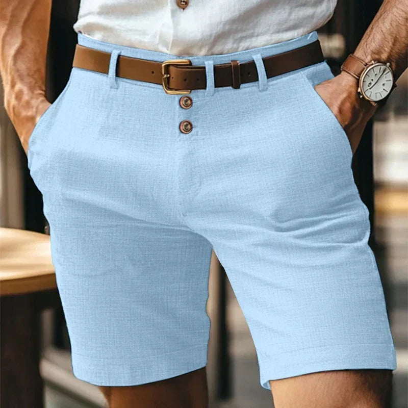 Men's mid-length chino shorts with button front and belt loops