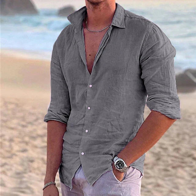 Men's open collar button down shirt with rolled sleeves