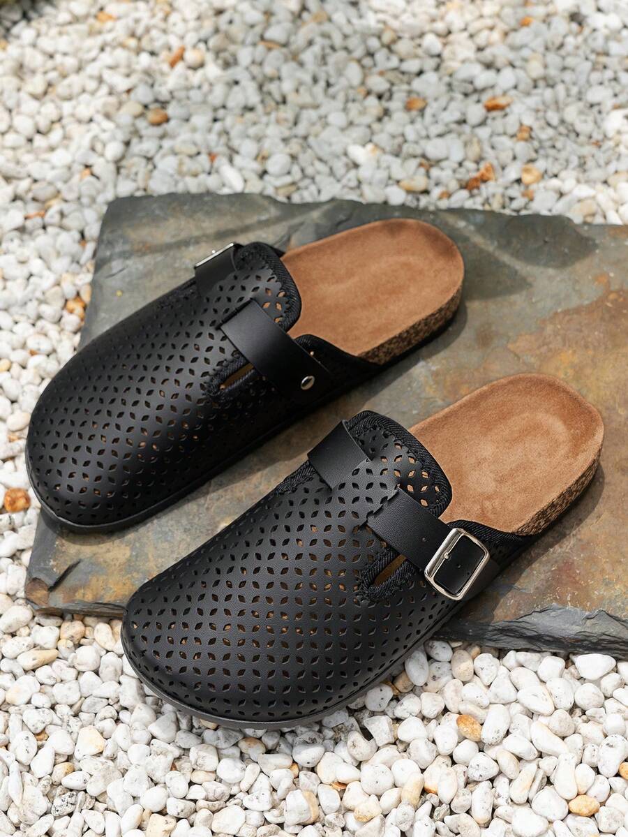 Men's closed toe sandals with buckle strap and flat sole