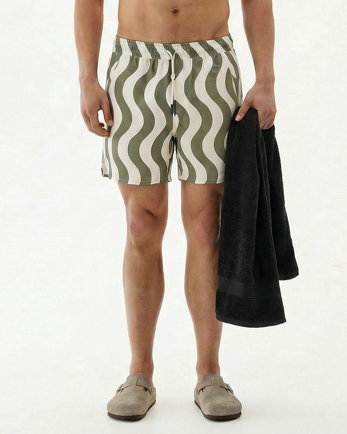 Olive and cream wavy stripe shorts with elastic drawstring waist